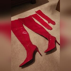 Red Over-the-Knee Boots + Gloves Set Lust 3000 Pleaser Funtasma